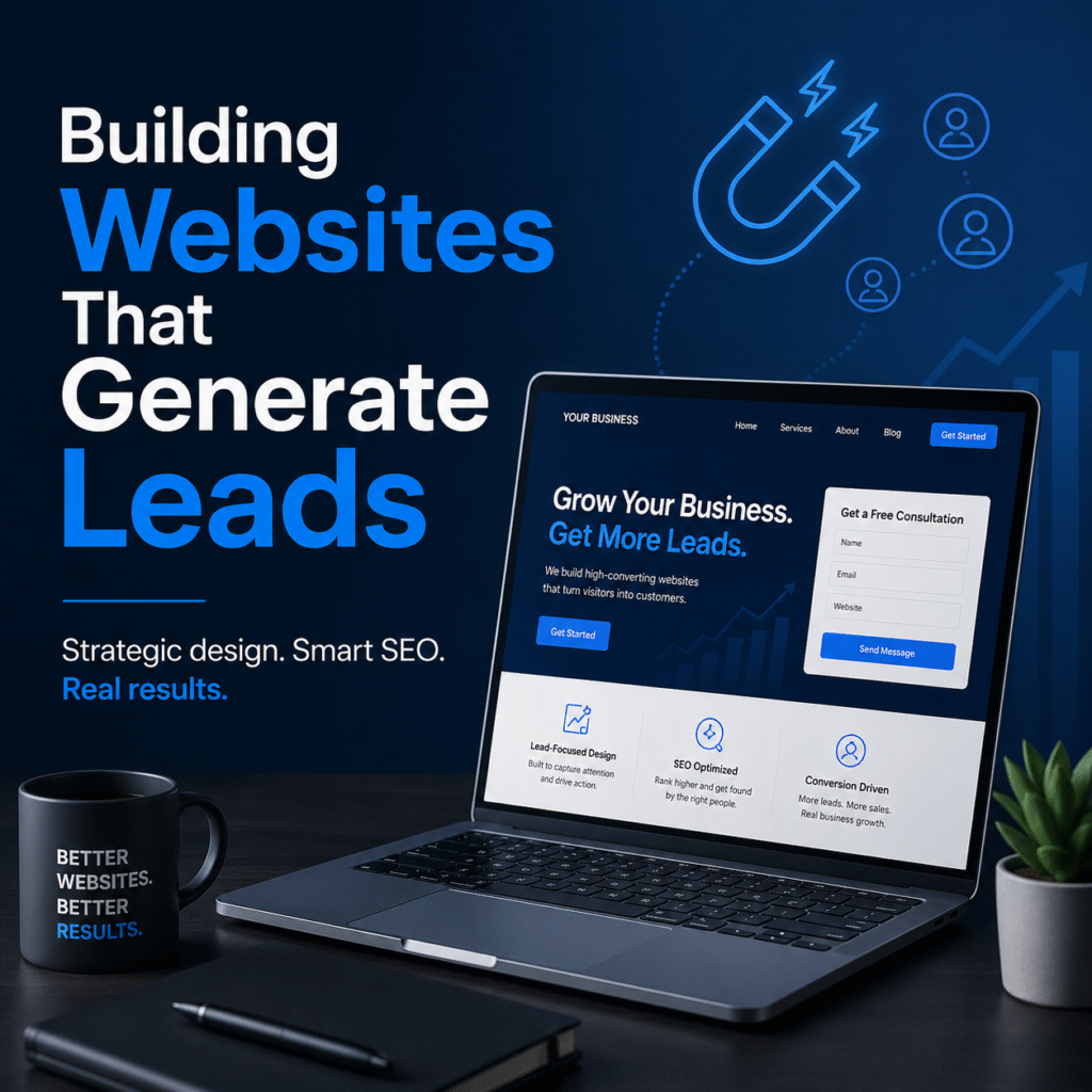 Cover image for Building Websites That Generate Leads blog showing a modern website design, lead generation icons and conversion-focused digital marketing visuals.