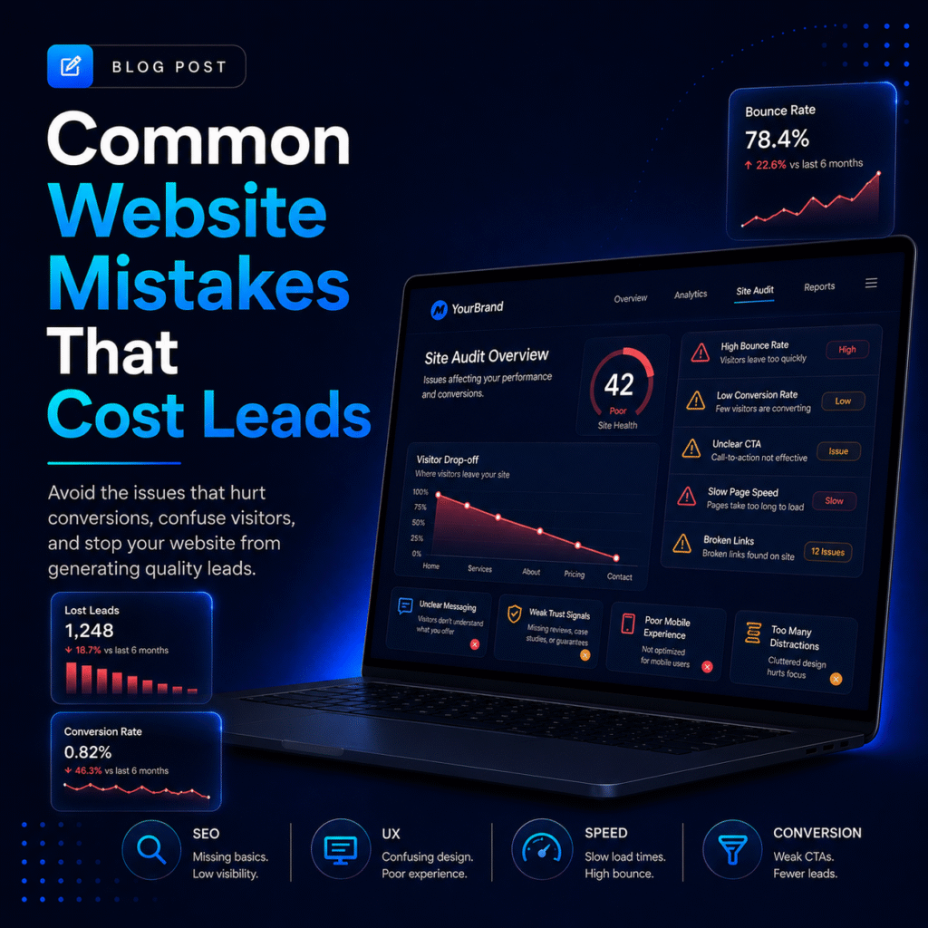 Common Website Mistakes That Cost Leads blog image showing a website audit dashboard with bounce rate, conversion issues and lost leads