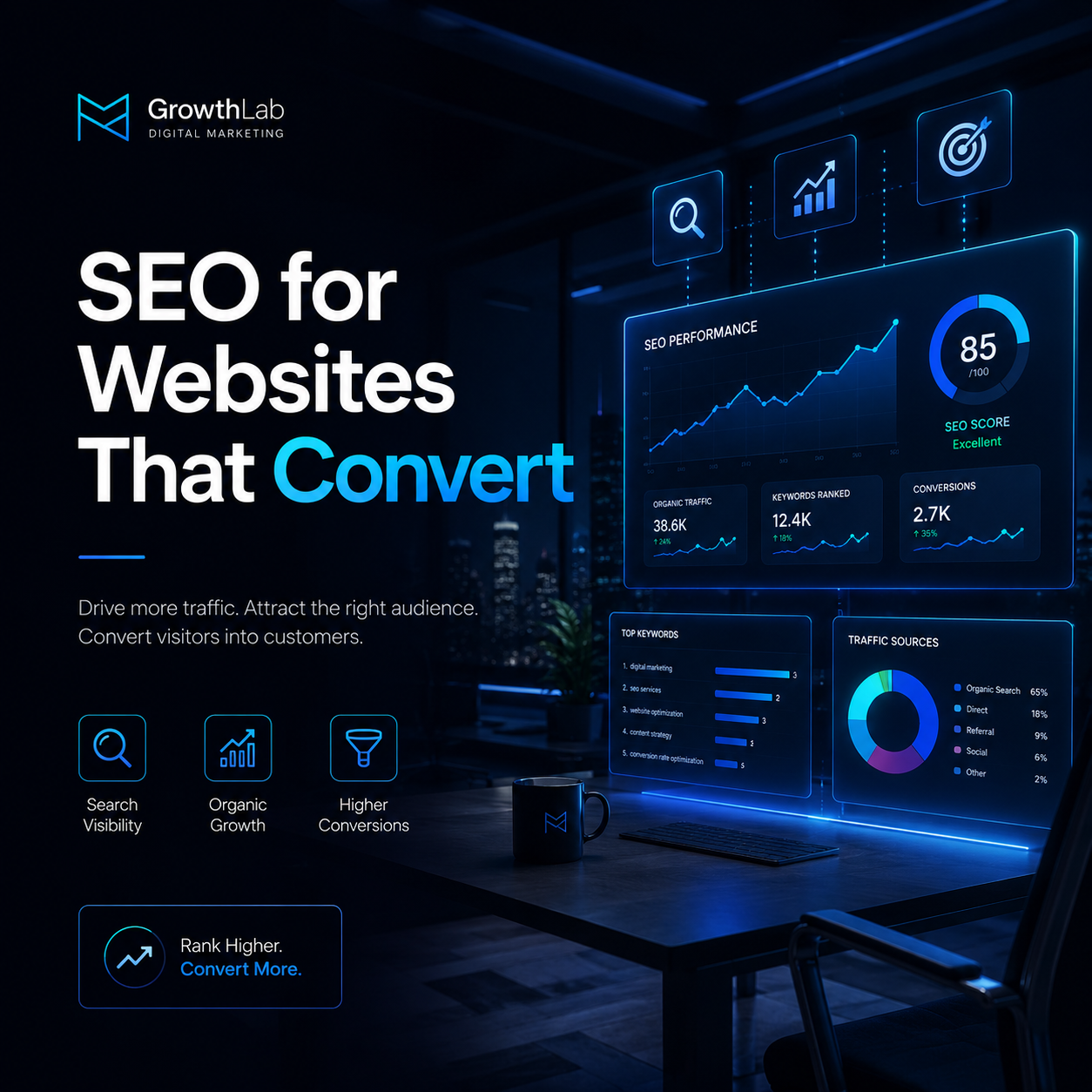 SEO for websites that convert dashboard with digital marketing analytics and conversion optimisation interface