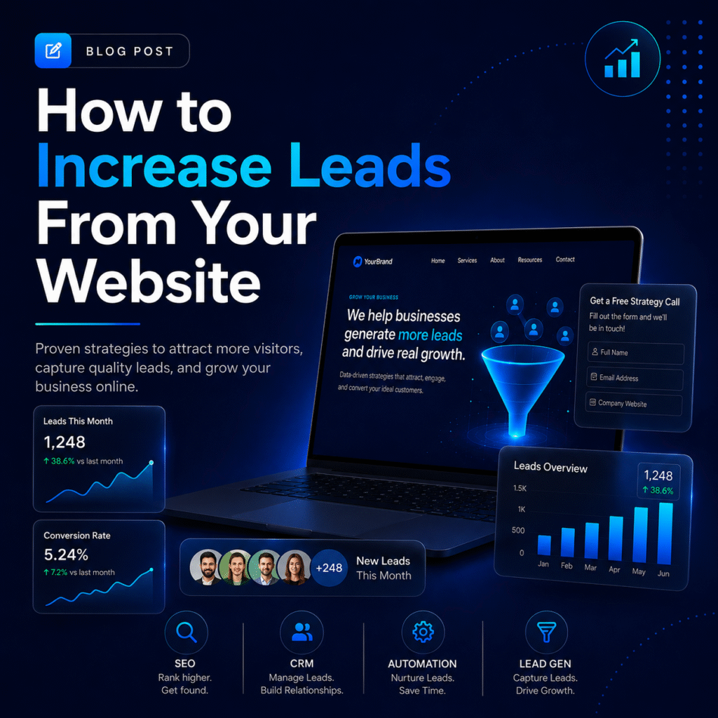 How to Increase Leads From Your Website featured image showing a laptop dashboard with lead generation and marketing analytics