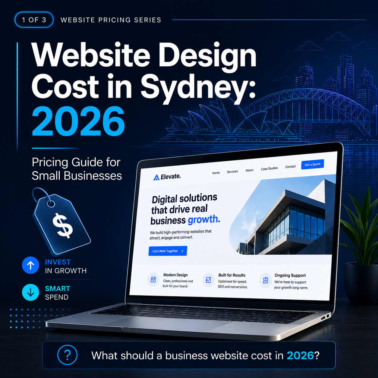 infographic showing factors that affect website design costs in Sydney, including custom design, SEO, copywriting, CRM integrations and e-commerce.