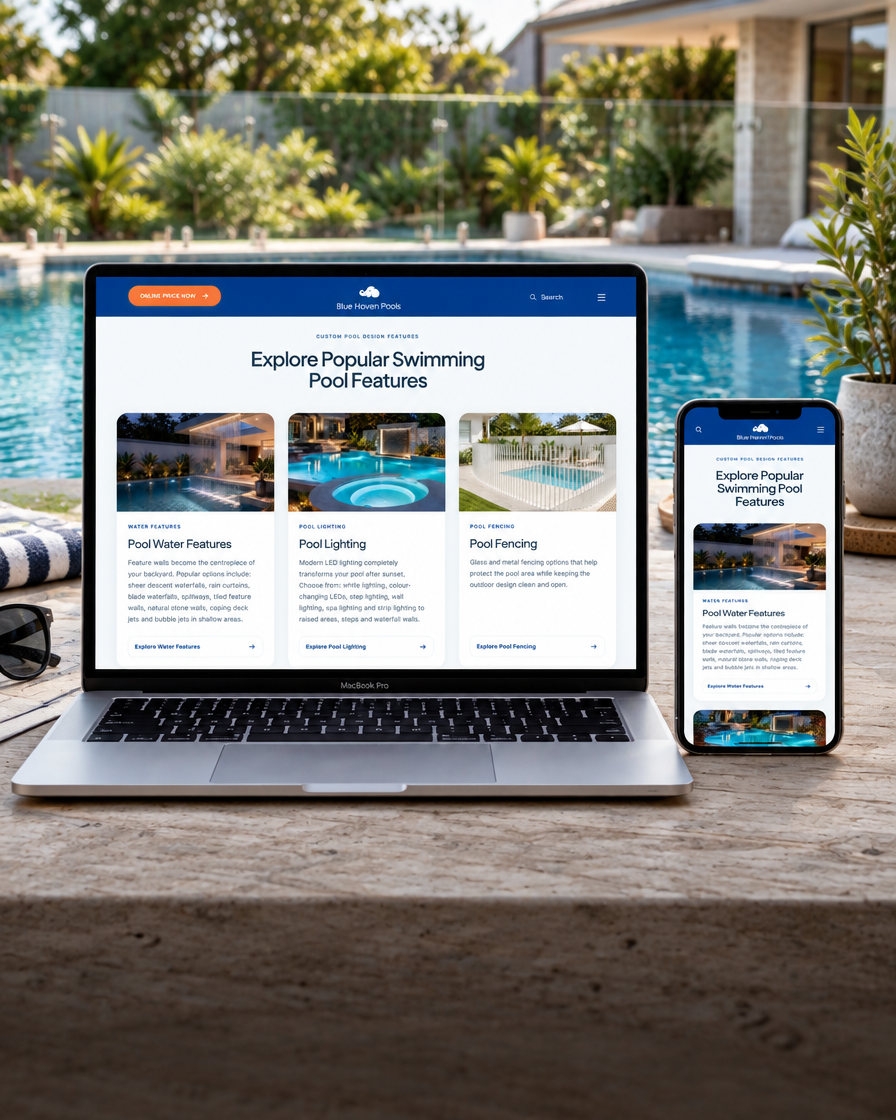 Blue Haven Pools website on laptop and mobile